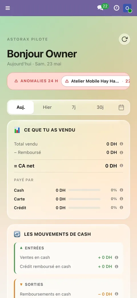 Capture du tableau de bord AstoraX Pilote sur iPhone, affichant les ventes du jour, le cash en caisse et l'encours clients